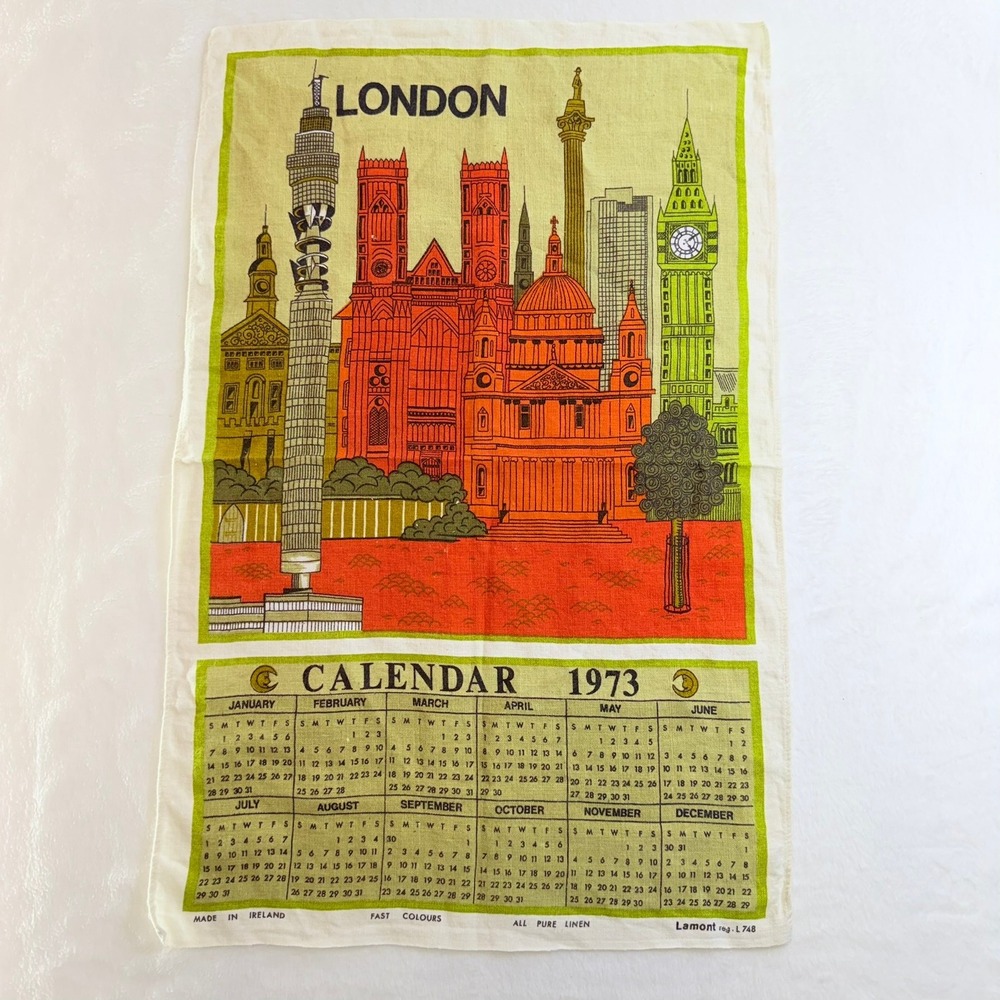 Vintage 1973 Lamont London Calendar Tea‎ Towel Pure Linen Made in Ireland Retro